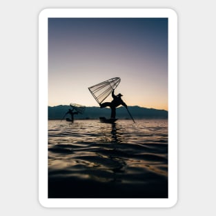 Two Traditional Fishermen on Inle Lake, Burma Sticker